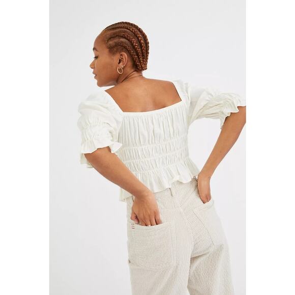 URBAN OUTFITTERS Kate Smocked Ruffle Blouse Ivory Cropped Top Women's XS - Picture 8 of 12
